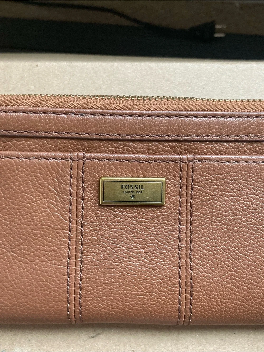 Fossil Leather Zip Wristlet Wallet — Tan Brown with Gold Hardware
